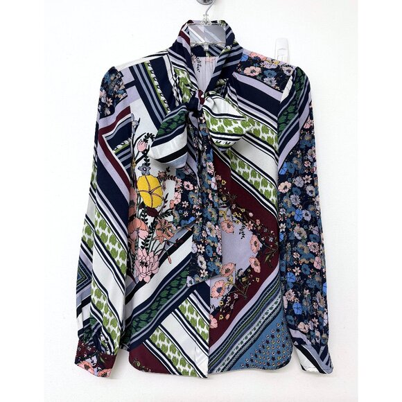 Tory Burch Homage to Flower Patchwork Silk Blouse Top Floral Stripe Bow Tie 4 - Picture 2 of 16